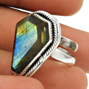 Natural Labradorite Solitaire <b>Adjustable</b> <b>Ring</b> Brilliant Coffin Shape Gemstone <b>Ring</b> Made From 925 Sterling <b>Silver</b> Boho Jewelry - Product Image 3