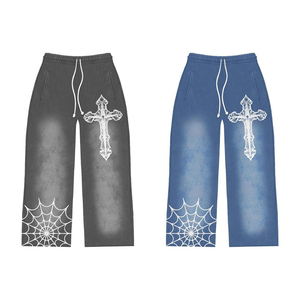 Ensemble décontracté deux pièces unisexe : sweat à capuche zippé style universitaire délavé et pantalon large, motif gothique croix toile d'araignée, streetwear Y2K - Product Image 4
