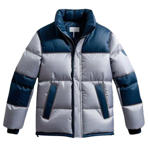 Men's <b>Silver</b> Blue Color Blocking Puffer <b>Jacket</b> Windproof Zipper Closure Casual Winter Coat Stand Collar Regular Fit - Product Image 1