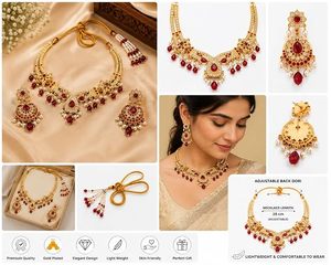 Ensemble collier et boucles d'oreilles en alliage plaqué argent avec pierres de zircon rouge, design floral, bijoux de mariage classiques pour femmes - Product Image 4