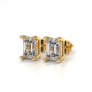 Lab Grown <b>Emerald</b> Cut Solitaire Diamond <b>Stud</b> Earrings in Yellow Gold | Classic Four Prong Minimalist Diamond Earrings for Women - Product Image 2