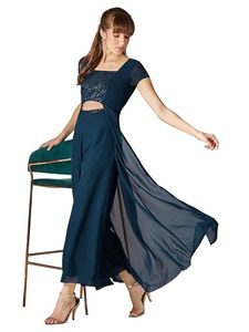 Combinaison pour femme en georgette, vert sarcelle, ornée, à col carré, manches courtes, avec découpes, coupe décontractée et classique - Product Image 1