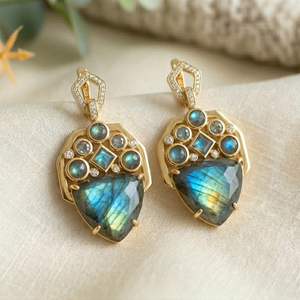 Luxury Labradorite Drop Earrings 925 <b>Sterling</b> <b>Silver</b> 18K Gold Plated 4.5 Inch 10g Multi Size Gemstone Wholesale Factory Price - Product Image 1