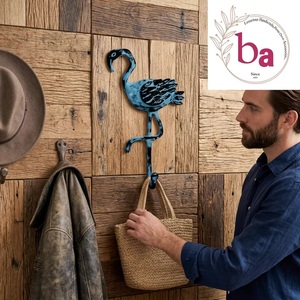 Ba Blue Distressed Cast Iron Flamingo Wall Hook Handmade Animal Design Coat Hat <b>Hanger</b> Single Hook Vintage Style Adjustable - Product Image 2