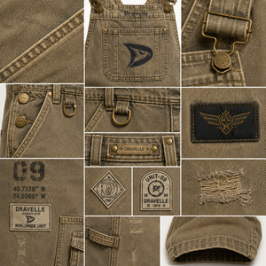 Salopette cargo en denim délavé olive avec broderie d'insigne, unisexe, coupe large, style streetwear Cyber Y2K, pour grossistes - Product Image 4