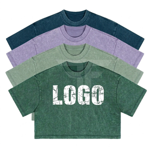 Women's Casual Breathable Crew Neck Crop Top Acid Wash Sun Faded Vintage Cotton T-Shirt High Quality Drop Shoulder Tee - Product Image 1