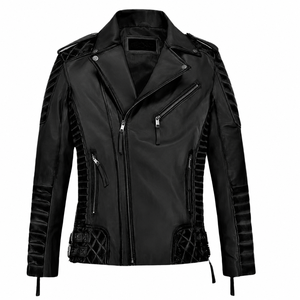 Men's Leather Moto <b>Jacket</b> <b>Slim</b> <b>Fit</b> Zipper Closure Turn-down Collar Solid Black Regular Sleeve Autumn Style - Product Image 2