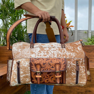 Bolsa de lona grande de cuero de vaca mecanizada a mano y para el pelo, bolsa de equipaje de noche de cuero genuino, bolsas de viaje de fin de semana para Unisex - Product Image 3