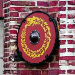 Bouclier Viking Rouge en Tissu Ahmad avec Motif Dragon Doré, 24 Pouces, Rond, Décoratif, Fait Main, en Contreplaqué et Acier Carbone - Product Image 4