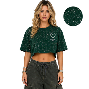 T-shirt décontracté court et oversize avec strass Y2K, épaules tombantes, pour femme, personnalisable avec logo, en coton épais 100% - Product Image 5