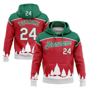 Sweat à capuche unisexe rouge et vert de Noël, imprimé arbre, numéro personnalisé, nom d'équipe, vêtement d'hiver décontracté, coupe ample, poche avant - Product Image 1