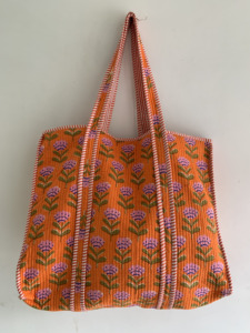 Quilted Cotton Tote Bag – Floral Block Print Shoulder Bag, Jaipur Bohemian Eco Friendly Everyday Tote Handmade <b>Gift</b> <b>for</b> <b>Her</b> - Product Image 1