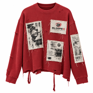 Custom Distressed Patchwork Sweatshirt Oversized Red <b>Waffle</b> Knit Streetwear Crewneck with Original Artwork OEM Private Label - Product Image 2