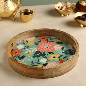 Plateau de service rond en bois émaillé à motif floral, assiette à thé, café et collations, vaisselle personnalisée pour la maison, les fêtes et l'hôtellerie - Product Image 1
