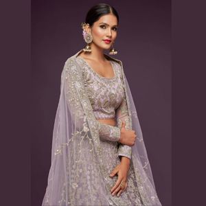 Premium Soft <b>Net</b> A-Line Lehenga Choli with Zari Badla Thread and Glitter Dori Embroidery <b>Dupatta</b> | Semi Stitched Lehenga Set - Product Image 4
