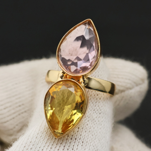Anillo de Moda de Octubre con Doble Piedra de Citrino en Forma de Pera, Chapado en Oro de 18K, Ajustable, para Mujer, con Gema, Joyería de Boda - Product Image 5