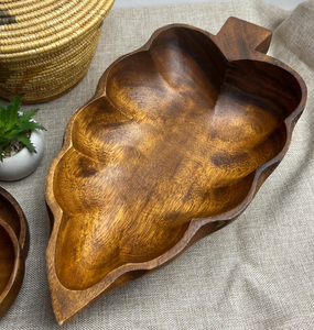 Tazón de madera maciza con forma de hoja, 100% madera natural, tazón de color madera en venta, tazón esmaltado para servir ensalada a los mejores precios. - Product Image 1