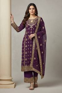 Ensemble de costume d'été vintage en georgette, coupe droite, avec broderie lourde de sequins de 5 mm, penta dupatta, taille naturelle, style Foux Deco - Product Image 5