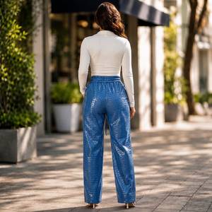 Pantalons en cuir de crocodile embossé faits à la main, pantalons larges en cuir de crocodile de luxe, pantalons en cuir pour filles - Product Image 6