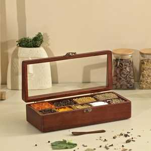 Boîte à épices en bois artisanale de qualité supérieure avec cuillère en bois |   Boîte à épices à 9 compartiments avec couvercle en acrylique et cuillère - Product Image 1