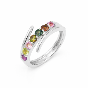 Bague ouverte en argent sterling 925 avec sept pierres multi-tourmalines, symbole d'équilibre, de joie et de protection - Product Image 2