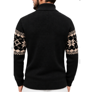 Pull col roulé noir pour homme, motif Fair Isle flocon de neige nordique jacquard, tricoté, automne, col haut, décontracté, vente en gros de tricots - Product Image 2