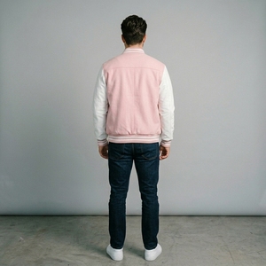 Veste en laine rose pour homme avec manches blanches, col et poignets en tricot côtelé, fermeture éclair intégrale, streetwear décontracté haut de gamme, vêtement d'extérieur bicolore personnalisé - Product Image 2