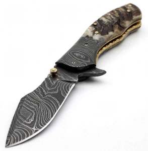 Handcrafted Damascus Steel Folding Utility Pocket <b>Knife</b> Natural Ram Horn Handle Damascus Bolster <b>Craft</b> Tool - Product Image 3