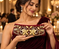 Pochette de soirée indienne perlée, richement ornée, de créateur, ethnique, de mariée, faite main, de luxe, pour femme