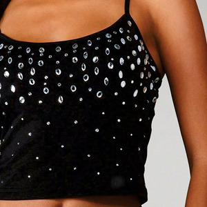 Women's Rhinestone Spaghetti Strap Crop <b>Top</b> Sleeveless Slim Fit Camisole Tank <b>Top</b> Casual Party Wear Stretch - Product Image 2