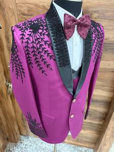 Men's Magenta Embroidered Viscose Tuxedo Suit 3-Piece Double Breasted Mandarin Collar Wedding Blazer Hand - Product Image 4