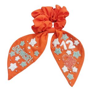 Orange Beaded <b>Bow</b> Hair Scrunchie Scarf With Stars And Numbers Embroidered Ponytail <b>Holder</b> - Product Image 1