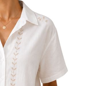 Custom White Embroidered <b>Linen</b> Blend Crop Shirt For Women Short Sleeve Button Up Casual Summer Blouse Custom Logo Private Label - Product Image 5
