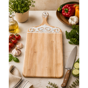 Planche à découper élégante en bois clair avec un motif en relief blanc orné et une poignée profilée robuste avec œillet de suspension - Product Image 5