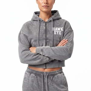 Manufacture Women's Casual Wear Acid Wash Cotton Fleece Full Zip Drop Shoulder <b>Crop</b> <b>Top</b> And Wide Leg Jogger <b>Set</b> - Product Image 3