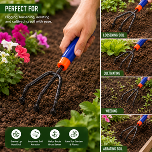 Cultivateur manuel robuste pour jardin avec trois pointes solides pour ameublir la terre, désherber, planter et cultiver - Product Image 5