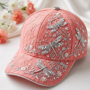 Casquette de baseball décorative pour femme en dentelle avec broderie détaillée et accents en strass, fermeture en tissu dentelle, accessoire streetwear - Product Image 2