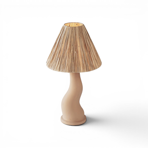<b>Rustic</b> Ceramic Table Lamp Pleated Raffia Shade Curvy Wavy Base Wabi Sabi Bedside <b>Desk</b> Light Minimalist E27 Bulb Base Bali Home - Product Image 1