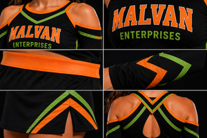 Ensemble d'uniformes de cheerleading sur mesure pour femmes, en polyester, avec haut court à manches longues et mini-jupe, orné de strass - Product Image 4
