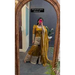 Top de trabajo de secuencia bordada para mujer-Sharara y Dupatta para ropa de fiesta - Product Image 1