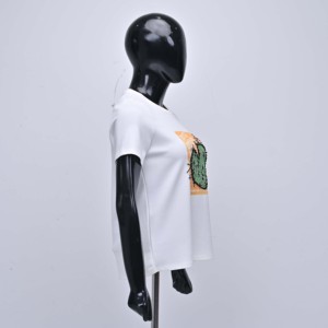 Women's White Cotton Jersey Crew Neck Short Sleeve <b>Sequin</b> Embroidery Cactus Heart Design Regular Fit Elegant <b>T</b>-<b>Shirt</b> Wholesale - Product Image 2