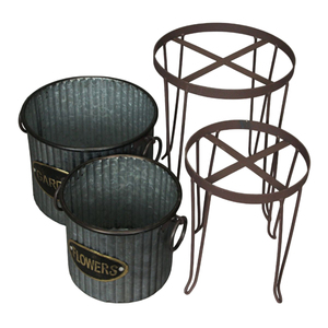 Ensemble de 2 jardinières rondes en métal galvanisé gris ondulé, style rustique, pour intérieur/extérieur, avec supports en fer, pour la décoration de la maison - Product Image 1