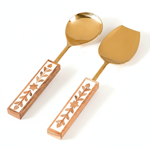 Juego de 2 Cucharas para Servir con Mangos con Incrustaciones de Madera – Utensilios de Acero Inoxidable Dorados para Servir, Decoración de Lujo para Cocina y Mesa, Venta al por Mayor - Product Image 1