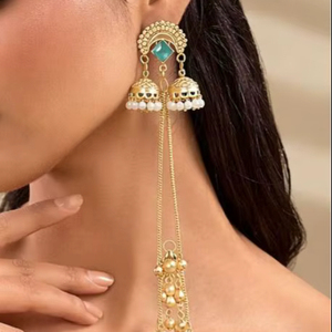 Pendientes Kashmiris de Aleación de Zinc con Baño de Oro Geométrico Pachi Kundan para Mujer, Lujosos, Tradicionales Indios, para Fiesta, con Borlas Largas y Cristales - Product Image 1