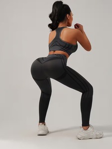 Women 2 Pcs Yoga Suit Racerback Sports Bra and High Waisted Linear Contour Leggings Seamless Gym <b>Workout</b> Fitness Outfit Set - Product Image 4