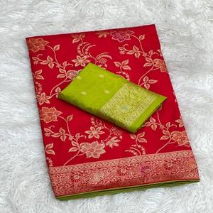 VASTRA COTTAGE Sari de seda Rangoli de alta calidad con bordado de hilo Zari y blusa bordada a juego en contraste para mujer - Product Image 3