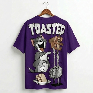 T-shirt noir pour homme à manches courtes et col rond, imprimé dessin animé Tom et Jerry, style streetwear oversize, jersey décontracté éco-responsable - Product Image 4