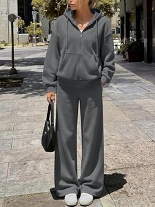 Conjunto de Sudadera con Capucha Gris, Oversize, de Algodón y Felpa, Casual, de Color Sólido, con Cierre, Pantalones Joggers, para Otoño, Unisex - Product Image 5