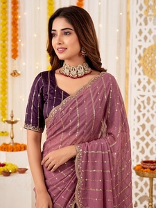 <b>Purple</b> Georgette Silk <b>Saree</b> Sequin Embroidered Traditional Indian Wear for Wedding Party Women Sun Protection All Seasons - Product Image 2