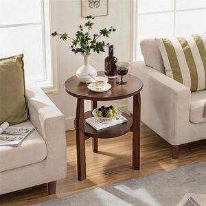 Table d'appoint ronde en bois de caoutchouc massif avec étagère de rangement à 2 niveaux, petite table de chevet pour salon et chambre à coucher - Product Image 1